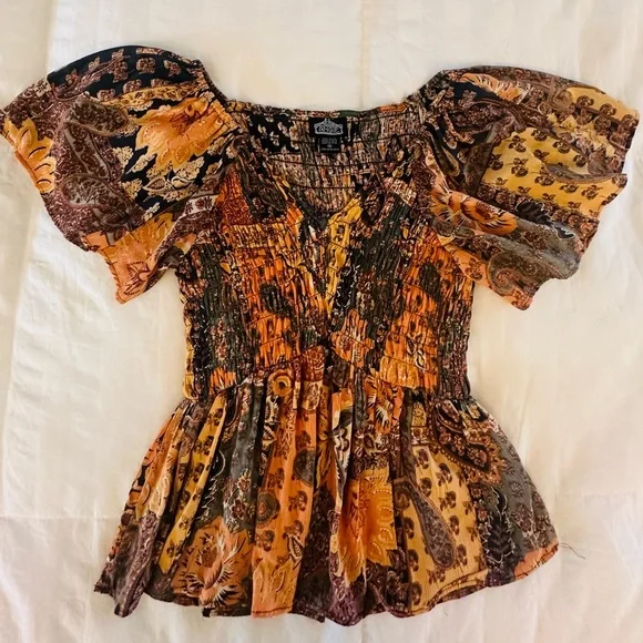 Angie Multicolor Floral Smocked Waist Boho Top - Picture 1 of 4